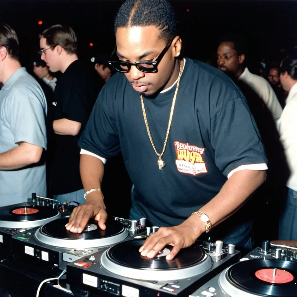 Prompt: dj montgomery rushmore mixing and scratching on two turntables way too fast at the 1990 wrong way u.s.a dj mixing finals