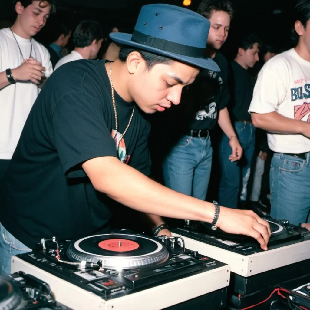 Prompt: dj jedidiah aubudon mixing and scratching on two turntables way too fast at the 1991 wrong way u.s.a. dj mixing finals