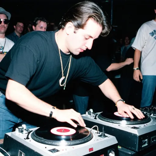 Prompt: dj dewie streudel mixing and scratching on two turntables way too fast at the 1991 wrong way u.s.a. dj mixing finals