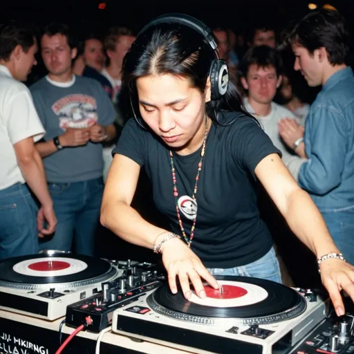 Prompt: dj niviaq komeliussen, female dj from greenland mixing and scratching on two turntables way too fast at the 1990 stanton world dj mixing championships eliminations