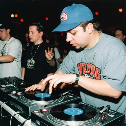 Prompt: dj blitzkrieg mixing and scratching on two turntables way too fast at the 1996 wrong way u.s.a. dj mixing finals