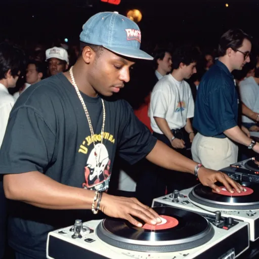 Prompt: dj magic ninja mixing and scratching on two turntables way too fast at the 1991 wrong way dj u.s.a. finals