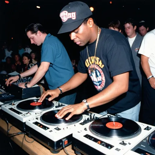 Prompt: dj slater the impersonator mixing and scratching on two turntables way too fast at the 1991 wrong way u.s.a. dj mixing finals