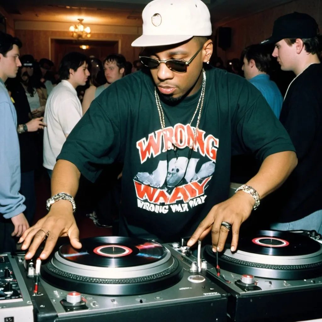 Prompt: dj doom phantom mixing and scratching on two turntables way too fast at the 1998 wrong way u.s.a. dj mixing finals