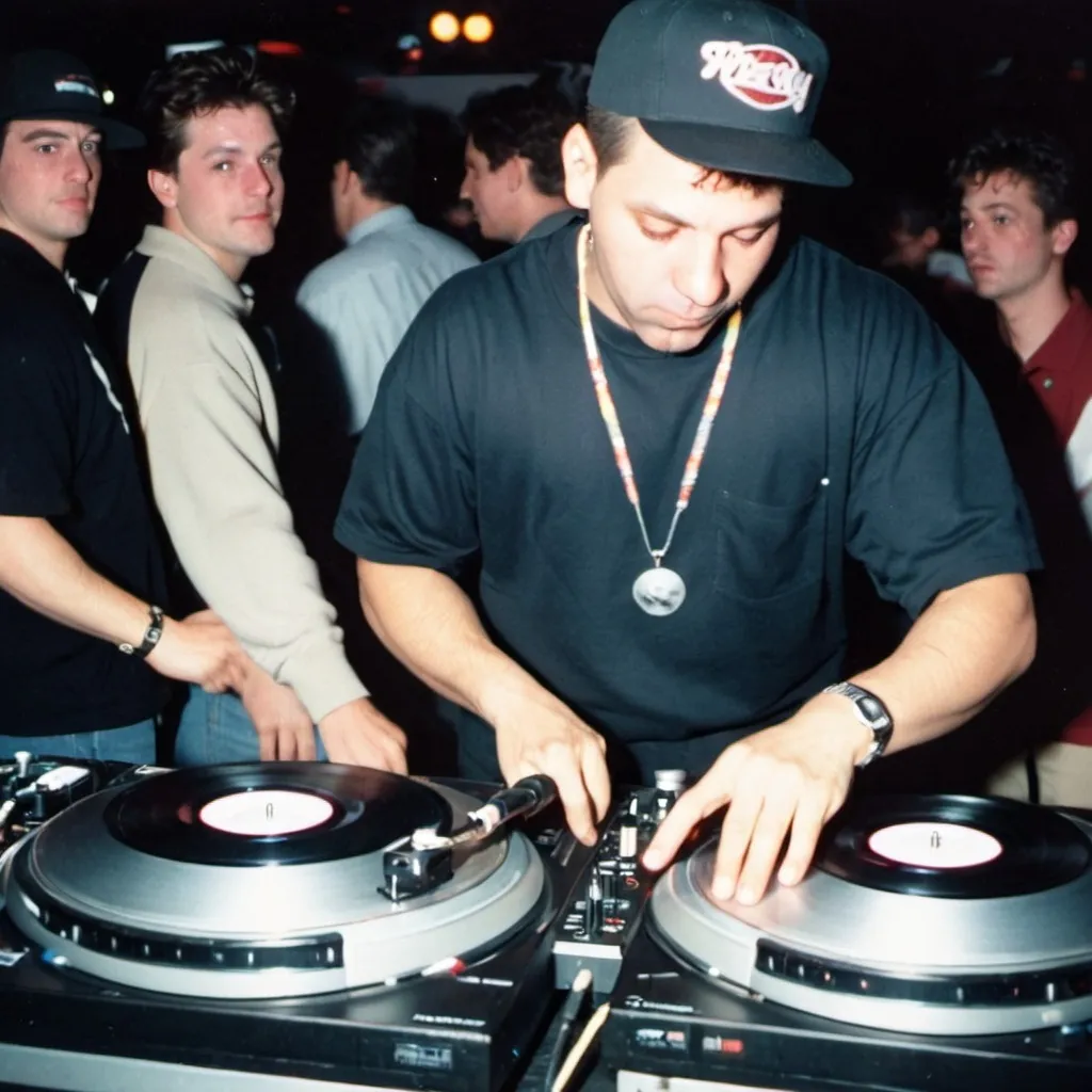 Prompt: dj rob dezonia mixing and scratching on two turntables way too fast at the 1992 wrong way dj u.s.a. finals