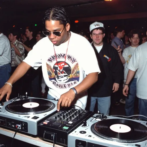 Prompt: dj mal function mixing and scratching on two turntables way too fast at the 1991 wrong way u.s.a. dj mixing finals