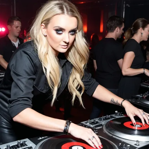 Prompt: dj perrie edwards mixing and scratching on two turntables extremely too fast at the wheels of silken steel celebrity ladies' dj mixing battleground