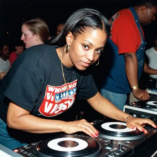 Prompt: dj buttons mcbuttermilk, female dj of the 1993 wrong way u.s.a. dj mixing finals