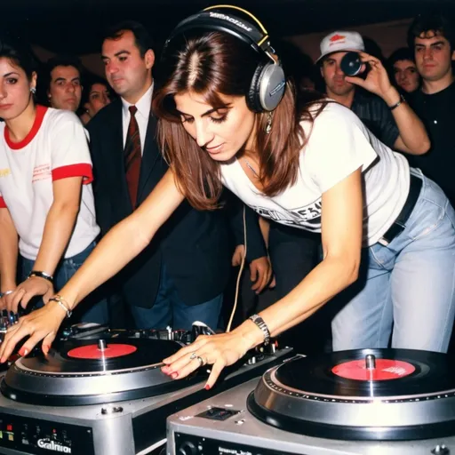 Prompt: dj galatia nicodemou, female dj from cyprus mixing and scratching on two turntables way too fast at the 1990 stanton world dj mixing championships eliminations