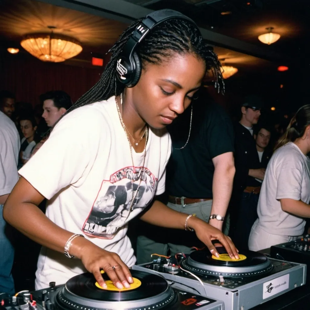 Prompt: dj  emilia griffin  mixing and scratching on two turntables extremely too fast at the 1994 wrong way u.s.a dj mixing finals