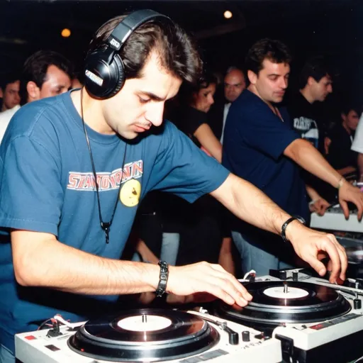 Prompt: dj ruben ferrero from spain mixing and scratching on two turntables way too fast at the 1990 stanton world dj mixing championships eliminations