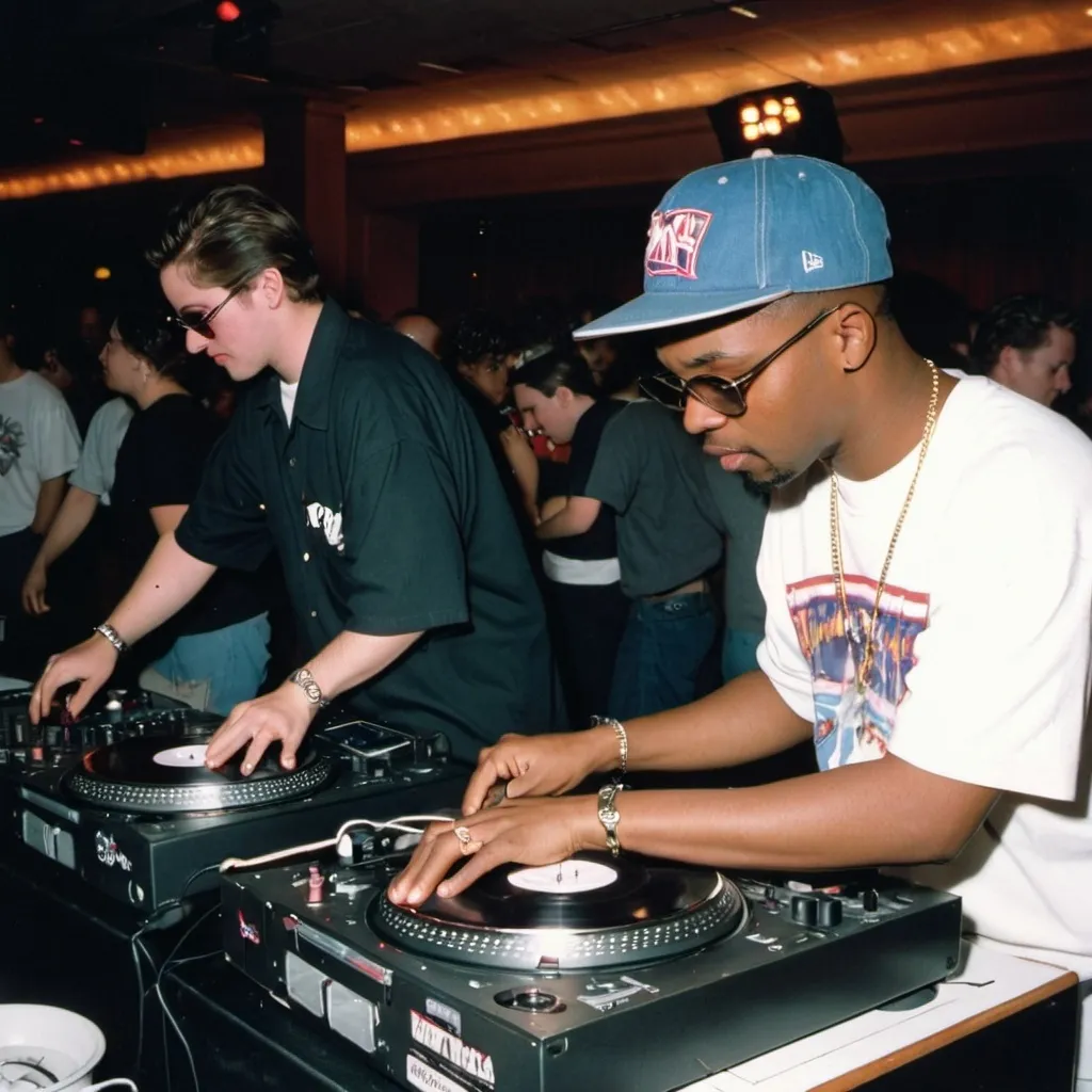 Prompt: dj sweet thang mixing and scratching on two turntables way too fast at the 1996 wrong way u.s.a. dj mixing finals