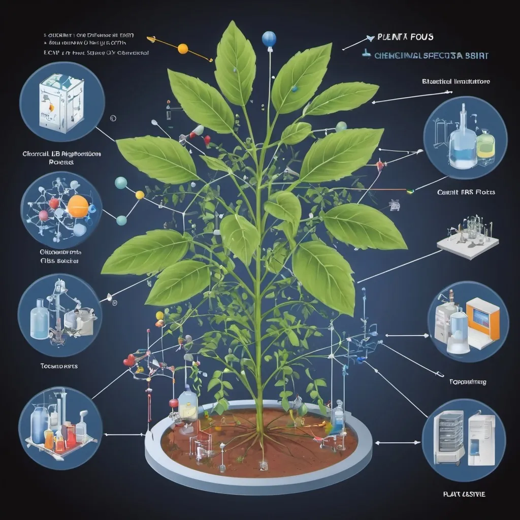 Prompt: Central Focus: The plant illustration in the center.
Surrounding Elements:
Chemical structures around the plant.
Combiflash setup on one side.
NMR and TOCSY spectra on the other side.
Database icon at the bottom, with arrows showing data flow from the spectra and structures to the database.
Activity Icons: Near the respective chemical structures.