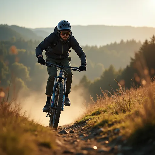 Prompt: make a guy on a mountainbike riding in the Ardennen region on a sunny day
