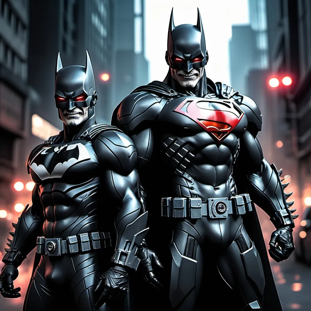 Prompt: 2 superheroes in one person,1 superhero dynamic of Superman and Batman Who laughs being one person like MechaSuperBatman Who laughs.with new suit and highly modified advanced technology suit, highly modified weponized gears and gadgets and mask something like Mecha/Robo type suit.wih the background of metropolitan city of Gotham dark and eerie.4k FHD photorealistic 4K hyper detailed shading and curvature of the superhero's very skinny lean cut calisthenics body type tall and towering.