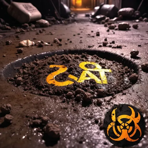 Prompt: Cat poop with biohazard symbol overlay, the word CAT-THRAX, vibrant colors, high-contrast lighting, gritty and apocalyptic atmosphere, background contains a mix of urban decay and twisted nature elements, high quality, ultra-detailed, 4K.