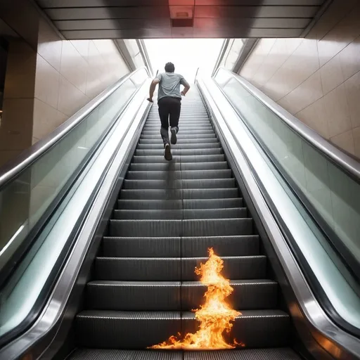 Prompt: A man is running for up on down moving escalator, upper side is heaven, down side is like diablo hell. if he stopped run, he would die or burned by flame. The escalator is moving down