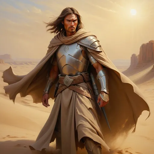 Prompt: Mysterious and powerful warrior, desert, oil painting, flowing cloak and armor, intense gaze, sandy tones, dusty atmosphere, high quality, realistic, ancient, detailed features, dramatic lighting