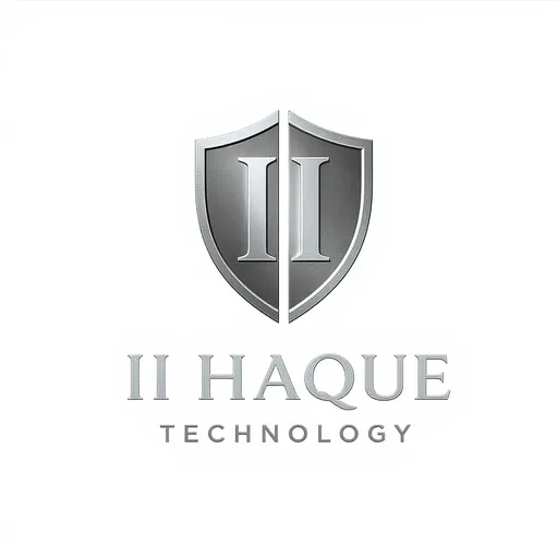 Prompt: An abstract, symmetrical shield logo. The shield is cleanly split into two halves ('II') by a thin negative space line. It has a slight metallic or gradient effect. Colors are charcoal gray and silver. The text 'II HAQUE Technology' is in a strong, confident slab serif font below the icon in white or dark gray."
