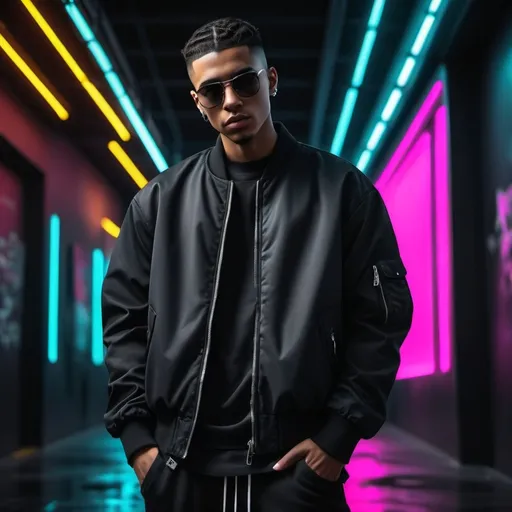 Prompt: (black jacket), stylish attire, urban fashion, vibrant neon background, dramatic lighting, high contrast, modern look, edgy and sleek design, minimalist elements, bold composition, inspired by contemporary streetwear culture, (4K ultra-detailed), moody ambiance, urban vibes, visually striking.