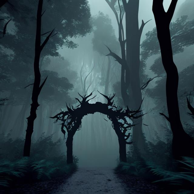 Prompt: 
Scene 1: Dark Forest Entrance
Visual: Thick trees loom overhead, casting eerie shadows. The forest floor is covered in wet leaves, and the air is filled with mist.