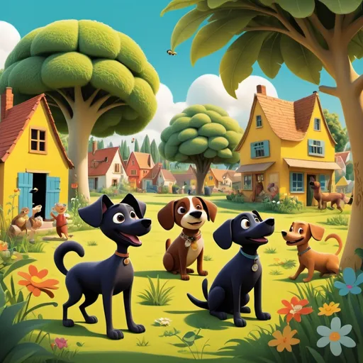 Prompt: A cartoon animal, whimsically exaggerated, playing in a meadowScene 1: The Village**  
   *Description*: A vibrant village with colorful houses and lush greenery, where Toti (the black puppy) and Bukka (the brown dog) play together in the sunshine.

2. **Scene 2: Meeting Toto**  
   *Description*: Beneath a shady banana tree, Toti and Bukka discover Toto, a scruffy, lonely dog, looking sad. The sunlight filters through the leaves, casting playful shadows.

3. **Scene 3: Forming a Friendship**  
   *Description*: The trio plays together in a field of wildfScene 4: The Challenge**  
   *Description*: The scene shifts to a tense moment as they spot Chintu, the mischievous monkey, stealing food. The sky darkens slightly, hinting at the upcoming conflict.

5. **Scene 5: The Rescue Plan**  
   *Description*: Toti, Bukka, and Toto huddle together, plotting their strategy. The camaraderie is evident, with determined expressions and a backdrop of the setting sun.

6. **Scene 6: The Confrontation**  
   *Description*: In a climactic showdown, the three friends face Chintu, who looks surprised and mischievous. The tension is palpable, surrounded by trees and onlookers.

7. **Scene 7: Victory and Celebration**  
   *Description*: After their victory, the friends are joyfully celebrating in the village square, with fireworks in the sky and other animals joining in the fun, symbolizing unity and friendship.

8. **Scene 8: Lasting Friendship**  
   *Description*: The final scene shows Toti, Bukka, and Toto lying together under the stars, the moon shining brightly, representing their unbreakable bond and shared adventures ahead.

Each scene paints a vivid picture of friendship, adventure, and teamwork.lowers, laughter and barks filling the air, with butterflies fluttering around them, symbolizing joy and new beginnings.


.