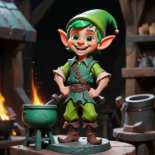 Prompt: Disney style tiny elf blacksmith with green skin a happy smile, vibrant colors, standing on anvil