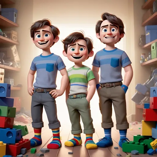 Prompt: Pixar illustration of three brothers, wearing mis-matched socks, pants inside out, rocks in their hands, Legos in their pockets, make-up on their faces with mischievous smiles