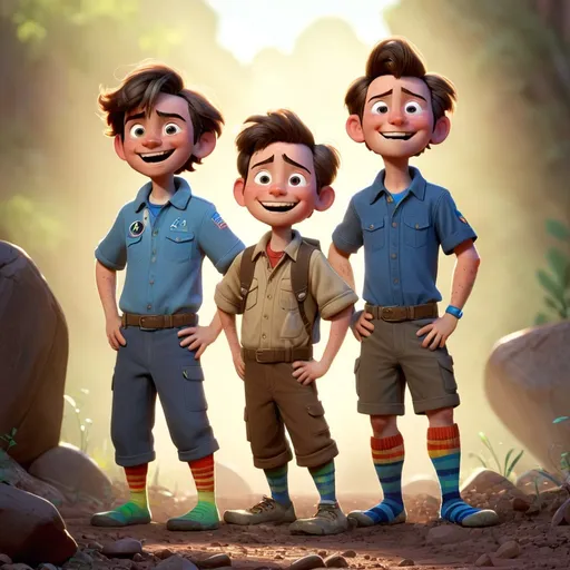 Prompt: Pixar illustration of three brother explorers, wearing mis-matched socks,  rocks in their hands, dirt around them outside, dirt on their faces with mischievous smiles