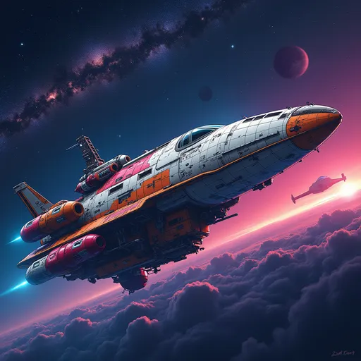 Prompt: One colorful, intergalactic colony spaceship traveling through the cosmos against the backdrop of the milky way galaxy in the art style of syd mead