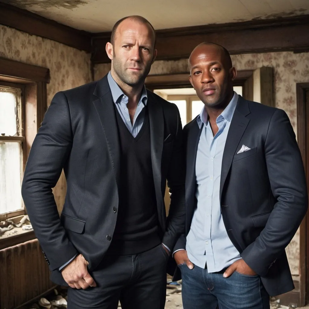 Prompt:   Jason Statham and Dion Dublin are stood in a dirty, scruffy old British house. Jason Statham is wearing a black suit. Dion Dublin is wearing jeans and an Aston Villa football shirt