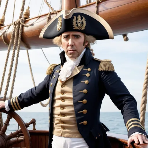 Prompt: Nicholas Cage dressed as Lord Nelson and stood on the deck of a traditional English wooden ship