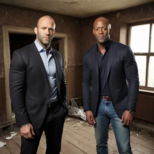 Prompt:   Jason Statham and Dion Dublin are stood in a dirty, scruffy old British house. Jason Statham is wearing a black suit. Dion Dublin is wearing jeans and an Aston Villa football shirt