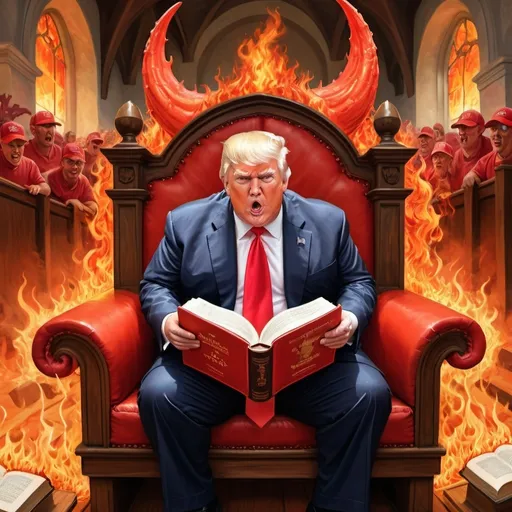 Prompt: Obese Donald Trump as Satan, holding holy Bible in front of congregation in Hell with demons, red and orange flames, MAGA people in red baseball caps on Hell sitting in church pews,  hyper-realistic, Herbert Block style cartoon, colorful, detailed, comedic