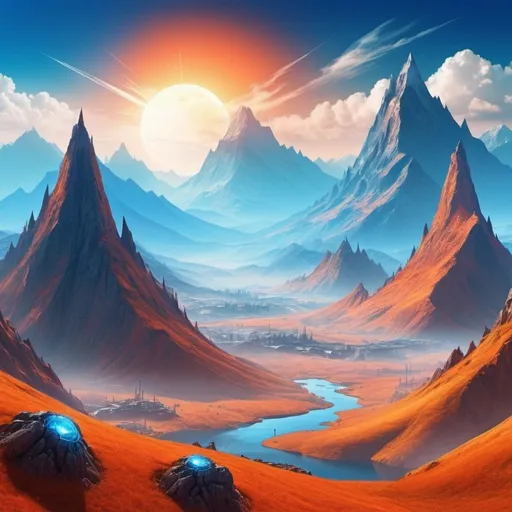 Prompt: warming fantasy cyber world landscape with mountains and blue sky 