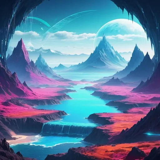 Prompt: bright fantasy cyber world landscape with mountains and ocean