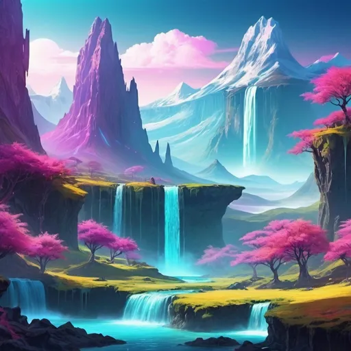 Prompt: bright fantasy cyber world landscape with mountains and waterfall