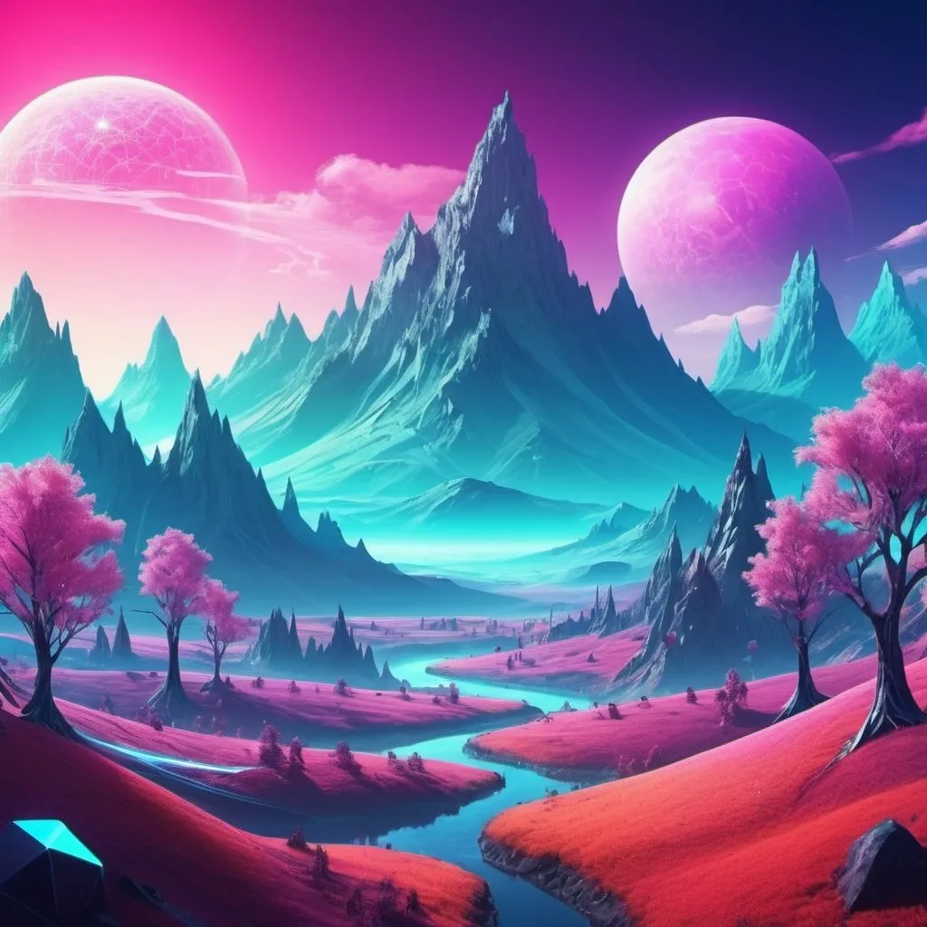 Prompt: bright fantasy cyber world landscape with mountains and trees