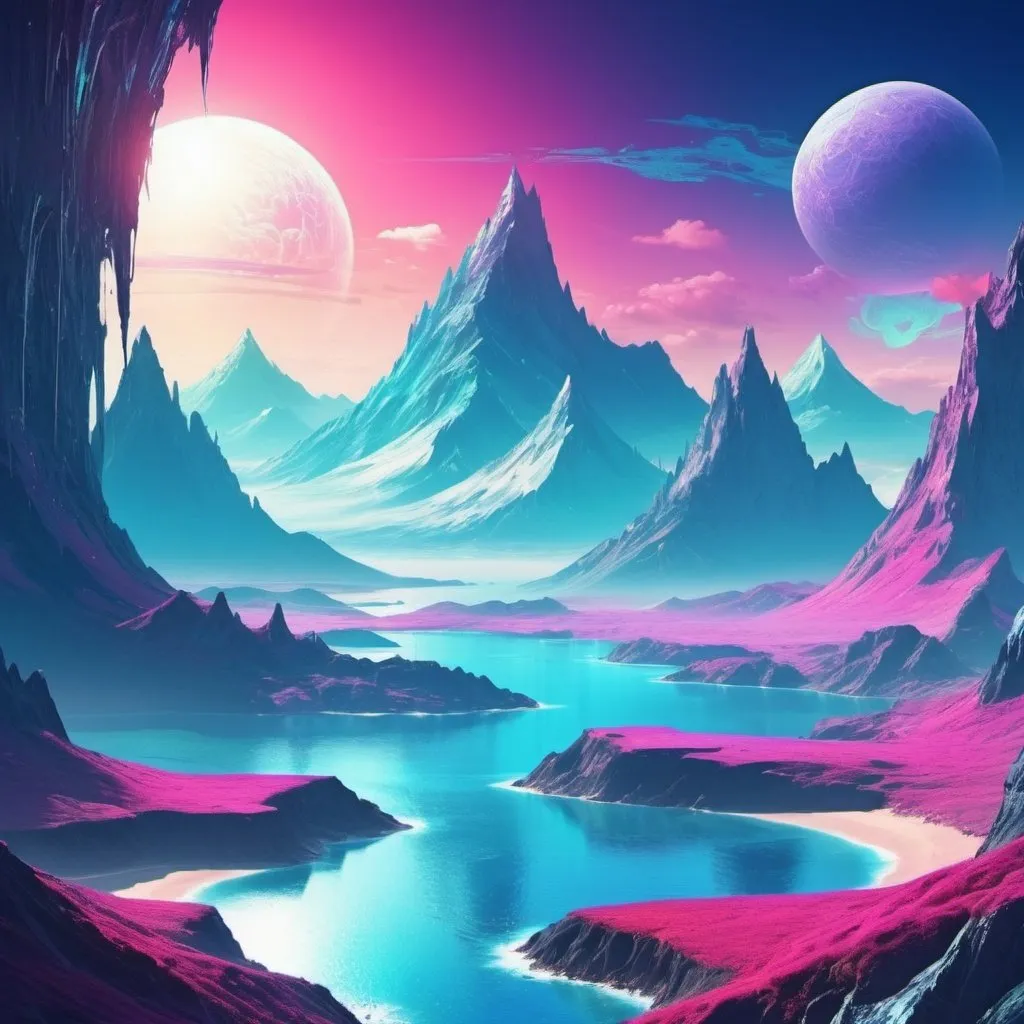 Prompt: bright fantasy cyber world landscape with mountains and ocean