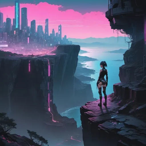 Prompt: cyberpunk landscape with anime girl on the cliff