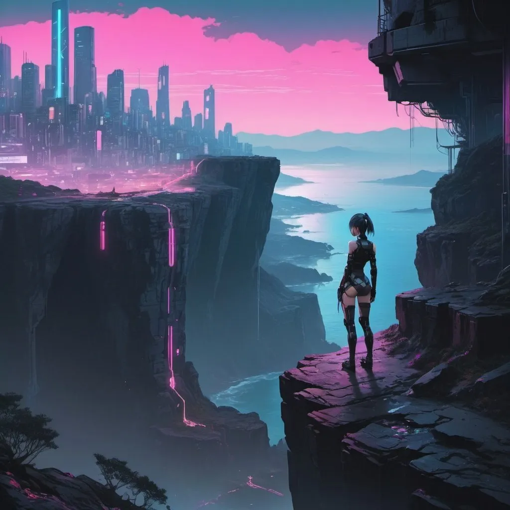 Prompt: cyberpunk landscape with anime girl on the cliff