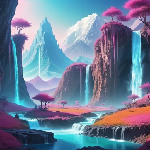 Prompt: bright fantasy cyber world landscape with mountains and waterfall
