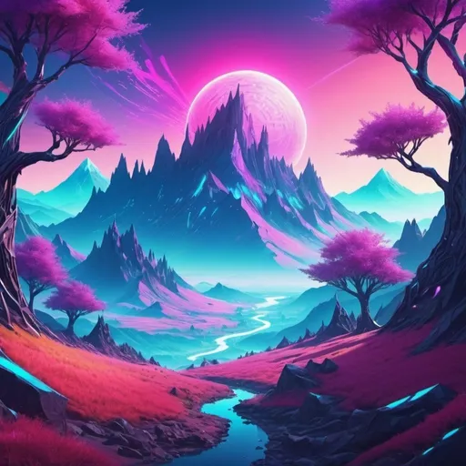 Prompt: bright fantasy cyber world landscape with mountains and trees