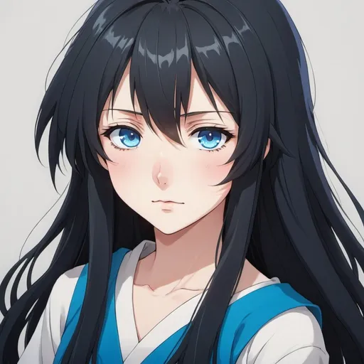 Prompt: anime girl with long black hair and blue eyes, age 14




