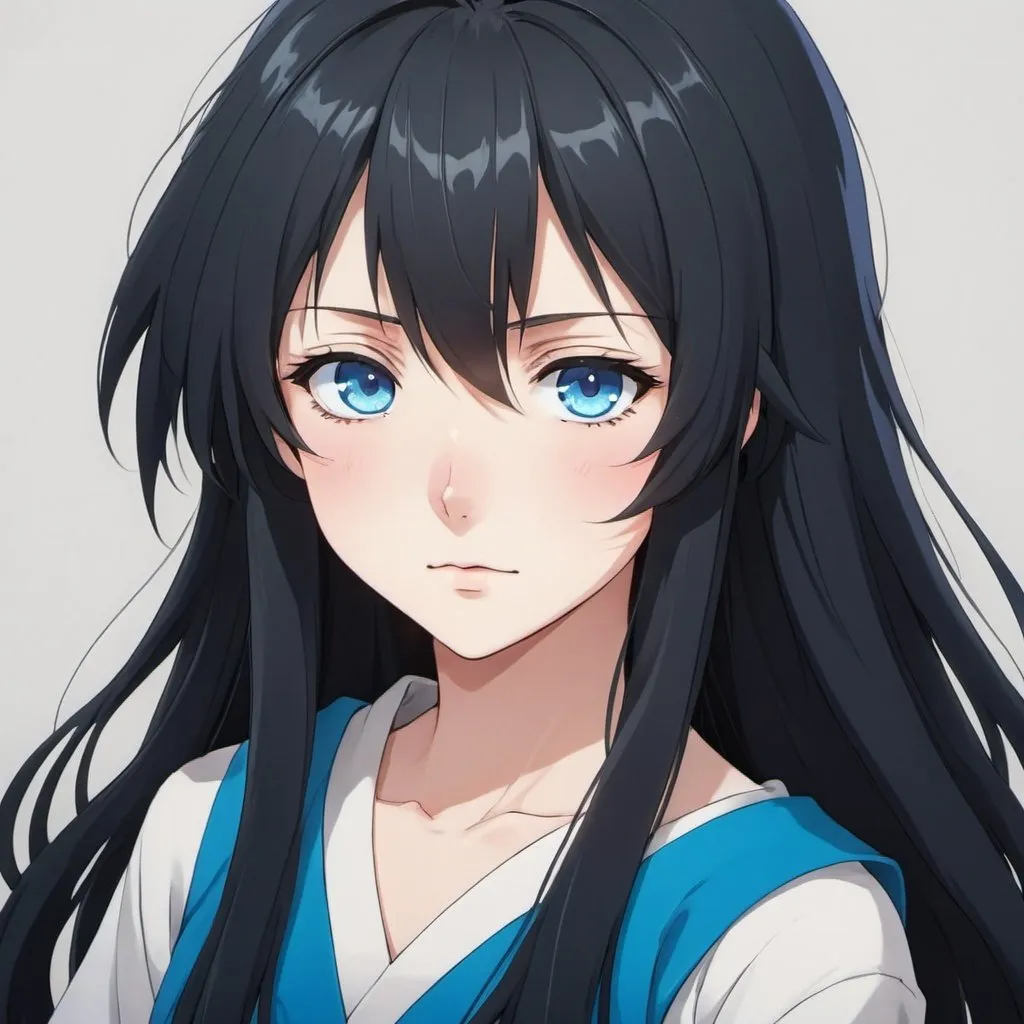 anime girl with long black hair and blue eyes, age 14