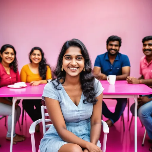 Prompt: a woman sitting in a chair smiling for the camera with other people behind her and a pink table in the background, Ella Guru, samikshavad, jayison devadas, a stock photo