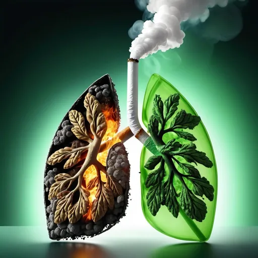 Prompt: digital illustration ,3d , anti tobacco, healthy lung vs unhealthy charred lung, contrast between healthy lung and unhealthy lung ,healthy lung contains healthy green enviournment and city and unhealthy lung contain smoke and destroyed dark enviournment and burning city showing smookig kills, High Quality, Transparent background , digital art, 3d art, photo realistic, 
