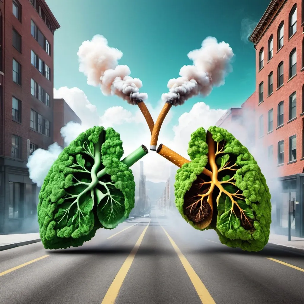 Prompt: digital illustration ,3d , anti tobacco, healthy lung vs unhealthy lung, contrast between healthy lung and unhealthy lung ,healthy lung contains healthy green enviournment and city and unhealthy lung contain smoke and destroyed enviournment and burning city showing smookig kills, High Quality, Transparent background , digital art, 3d art, photo realistic, 