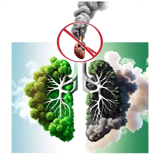 Prompt: Digital 3D illustration of healthy vs. unhealthy lungs, vibrant green environment vs. smoky and destroyed city, anti-tobacco, high quality, detailed, 3D rendering, environmental theme, contrasting healthy vs. polluted, vibrant green lungs, polluted and burning city, smoke and destruction, anti-tobacco message, detailed cityscape, vibrant and smoky tones, professional lighting, transparent background