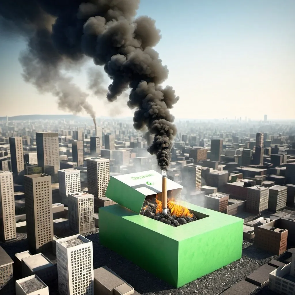 Prompt: digital illustration ,3d , anti tobacco, lungsone which contains healthy green enviournment and city and other lung contain smoke and destroyed enviournment and burning city showing smookig kills